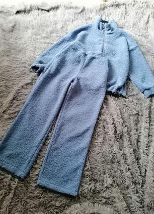 Крутой стильный плюшевый костюм мех тедди барашек длинные широкие брюки палаццо кофта оверсайз на за