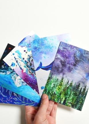 Набір з 5 авторських листівок: сузір'я, кит, мандала, юнгфрау, синій патерн1 фото