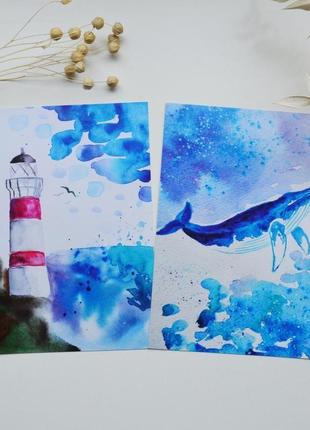 Листівки кит і маяк. морські літні листівки1 фото