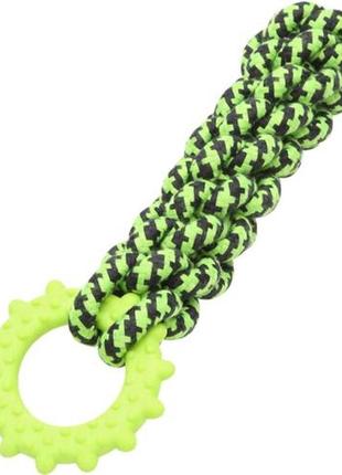 Игрушка для собак канатная крученный жгут с резиновым кольцом для жевания, зеленый 24см