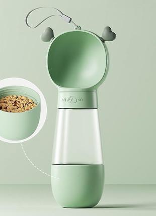 Портативная дорожная поилка для собак ушки- косточки на блокаторе, для воды и еды зеленая 350+200мл