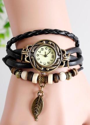 Жіночий годинник браслет із листочком чорний