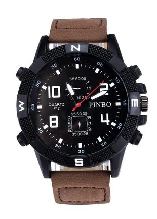 Чоловічий годинник pinbo чорний із коричневим ремінцем