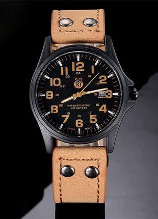 Чоловічі військові годинники чорні з коричневим