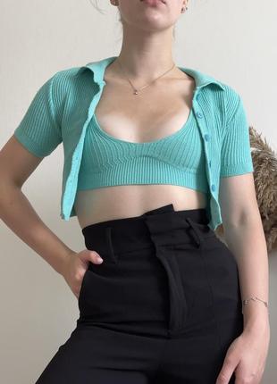 Комплект топ + кардиган вязаный бирюзовый plt