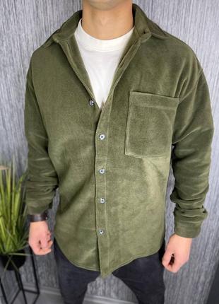 Мужская плюшевая рубашка коттон оверсайз премиум качества зеленое масло1 фото