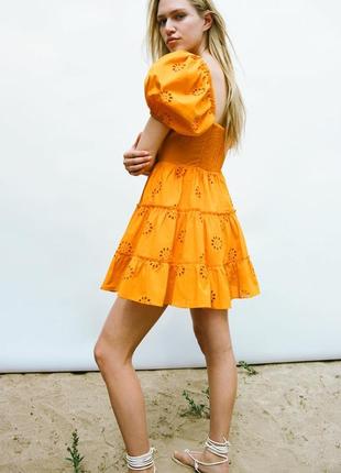 Хлопковое оранжевое платье с пышной юбкой и рукавами-фонариками zara платье baby doll прошва8 фото