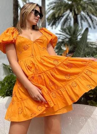 Хлопковое оранжевое платье с пышной юбкой и рукавами-фонариками zara платье baby doll прошва5 фото