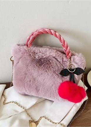 Дитяча сумка lesko gz-5043 light pink хутряна з вишнею на ланц...4 фото