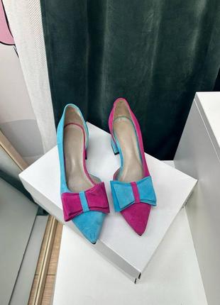 Ексклюзивні туфлі лодочки з італійської шкіри та замші жіночі на підборах з бантиком7 фото