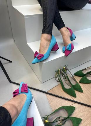 Ексклюзивні туфлі лодочки з італійської шкіри та замші жіночі на підборах з бантиком2 фото