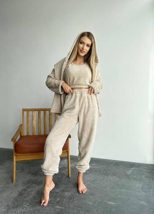 Жіноча тепла махрова піжама-трійка кофта, топ і штани