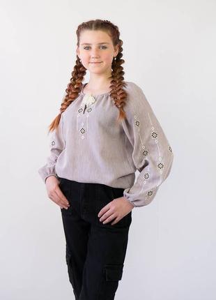 Льняная вышиванка, вышитая рубашка из льна, детская подростковая вышиванка лен с пышными рукавами6 фото