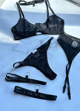 Набір жіночої білизин чорний, комплект нижньої білизни з поясом