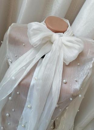 Красива прозора блискуча блузка пишний рукав з мереживом перлинні заклепки  краватка бант4 фото