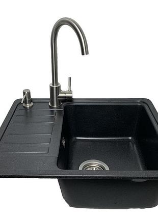 Кухонна мийка vector small 57*46 см чорна +сифон+дозатор+змішувач