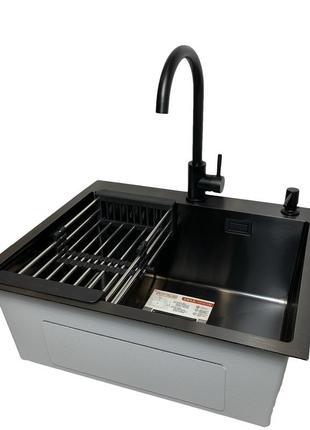 Мойка кухонная platinum handmade 60*50 с черним сифоном,
(смес...