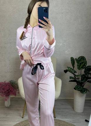 Пижама секрет, secret, розовая, боидо-розовая, с черным, в полоску, женская пижама сатиновая, турецкая, рубашка и брюки, шелковая2 фото