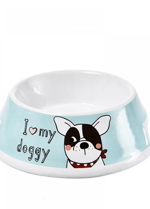 Керамическая миска для собак и кошек elite "i love my doggy" голубая с белым 18*18*6см