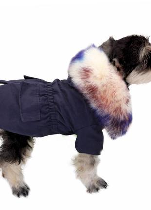 Зимова парка для собак cheepet на хутряній підкладці, з капюшоном на хутрі, синя4 фото