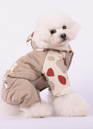 Зимовий комбінезон для собак із капюшоном принт у горошок на шовковій підкладці коричневого кольору