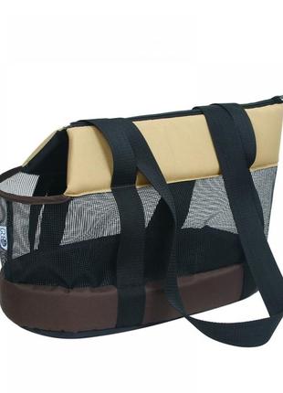 Сумка для собак і кішок із сіточкою з боків, м'яке дно, із затискачем для нашийника, на змійці коричнева