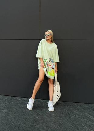 Женское трендовое качественное большое футболка платье туника оверсайз лица девушки oversize