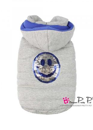 Зимняя жилетка для собак pretty pet happy hooded с рисунком смайла с поедками, с капюшоном, серая