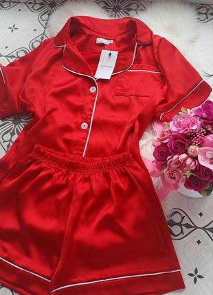 Шелковая атласная розовая и красная пижама в стиле victoria's secret7 фото