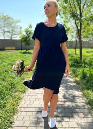 Платье хлопок муслин свободного кроя длина до колена летнее весеннее пудра фреза лаванда оливка темно синий батал для беременных коттон жатый