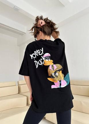 Женская трендовая качественная черная большая футболка оверсайз oversize money duck donald duck