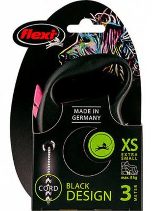 Черная рулетка для собак с тросовым поводком xs flexi black design с розовым цветом 3м/8кг2 фото