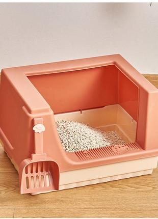 Туалетный лоток для котов с высокими бортиками под песок, селикагель, тофу с лопаткой, розовый1 фото