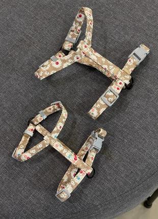 Шлея для собак тканевая с регулеровкой объема, расцветка вишенки, с поводком, бежевый