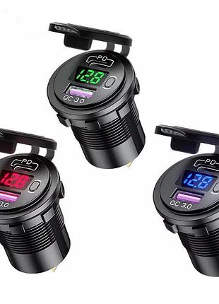 Автомобільна usb зарядка qc 3.0, type-c + вольтметр в авто