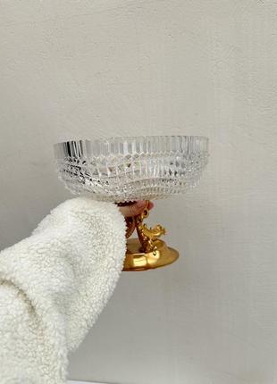 Стеклянная ваза фруктовница на золотой ножке винтаж3 фото