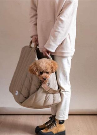 Стильная сумка-переноска для собак с 3 видами ручек,горизонтальная прошивка,ультралегкая, бежевая4 фото