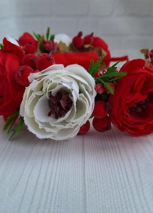 Обруч з червоними та білими квітами, віночок під вишиванку4 фото