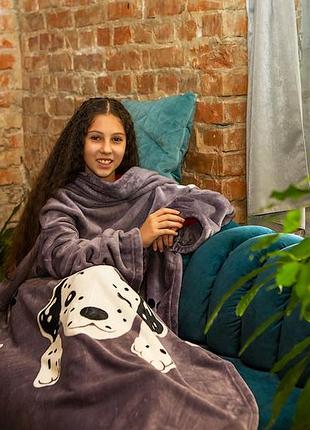 Плед с рукавами теплый подростковый для девочки серый рисунок принт собачка