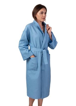 Вафельный халат luxyart кимоно 100% хлопок синий (10 цветов)