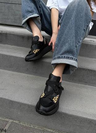 Натуральные кожаные черные кроссовки с леопардовым принтом4 фото