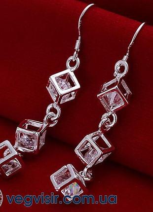 Модні висячі сережки з кубиками квадрат кристал стерл. срібло ...