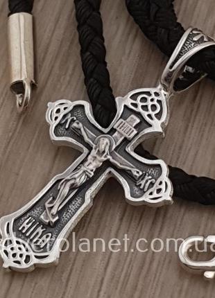 Срібний хрестик з цепочкою із шовку. кулон хрест срібло та шов...7 фото