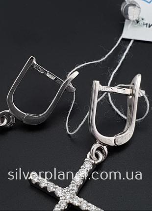 Стильні срібні сережки хрестики з камінцями. сережки підвіски ...7 фото