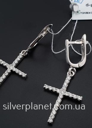 Стильні срібні сережки хрестики з камінцями. сережки підвіски ...9 фото
