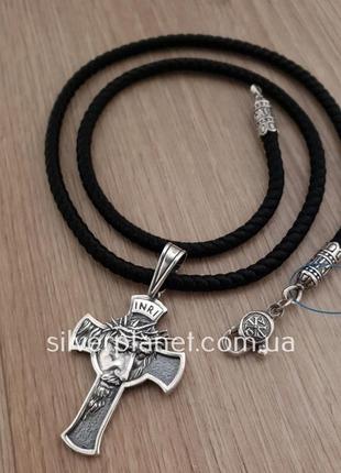 Шовкова цепочка і масивний срібний кулон хрестик образ ісуса. ...6 фото