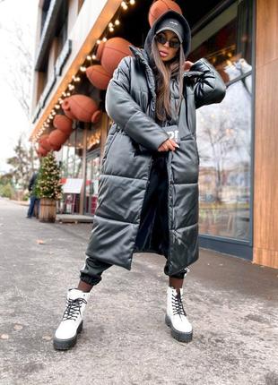 Пуховик довгий з еко шкіри