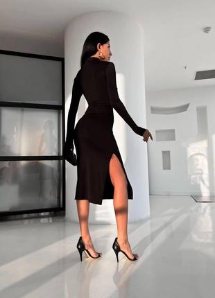 Женское длинное платье в обтяжку стильное модное с разрезом подчеркивает фигуру длинный рукав шифон черный6 фото
