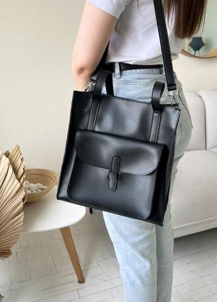 Женская сумка шопер черного цвета из эко-кожи на учебу, работу9 фото