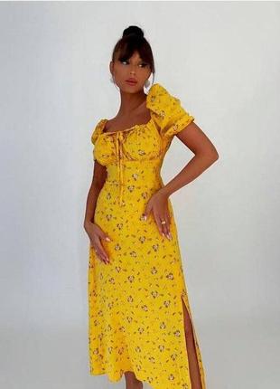 Платье миди с принтом свободного кроя качественное стильное трендовое с разрезом по ноге желтое мятное1 фото